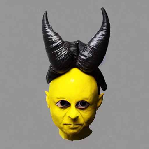 Image similar to antropomorphic lemon with devil horns sorts an archive, lemon person, person with lemon head, devil horns, archive, realistic photograph, dark