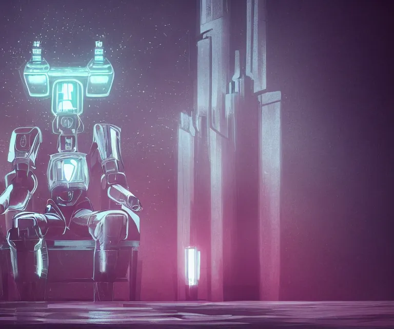 Image similar to glowing translucent robot sitting on an throne, futuristic castle background, fantasy sci - fi, sharp lines, metallic, 2 0 0 mm focus