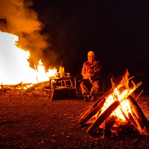 Image similar to a chair burning in a campfire, its night and in the background there is scientist watching blurry by the camera