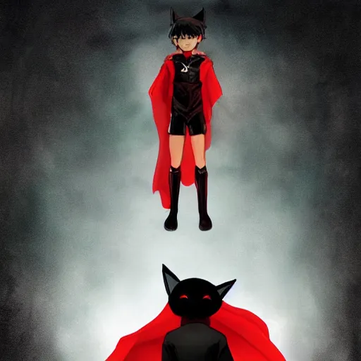 Prompt: little boy with cat ears in an black latex suit with red cape. digital artwork made by lois van baarle and kentaro miura, sharpness focus, anatomically correct, heroic composition, hero pose