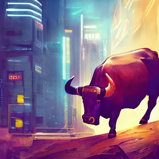 Image similar to a painting of a bull with a gold coin on its back, cyberpunk art by Mike 'Beeple' Winkelmann, instagram contest winner, fantasy art, art on instagram, concept art, dystopian art