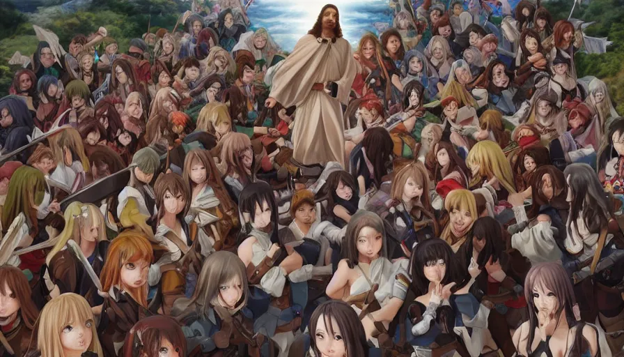 Image similar to jesus christ our lord standing in the front leading an army of cute anime girls into battle, photorealistic, anime, realistic faces, mini skirt, long hair, lightly dressed, renaissance painting, hyper real, detailed, closeup shot, ultra detailed