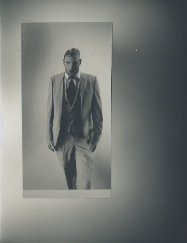 Prompt: polaroid photo with flash, non ordinary model, in a male suit, polaroid photo bleached strong lights, kodak film stock, hyper real, stunning moody cinematography, with anamorphic lenses, by maripol, detailed