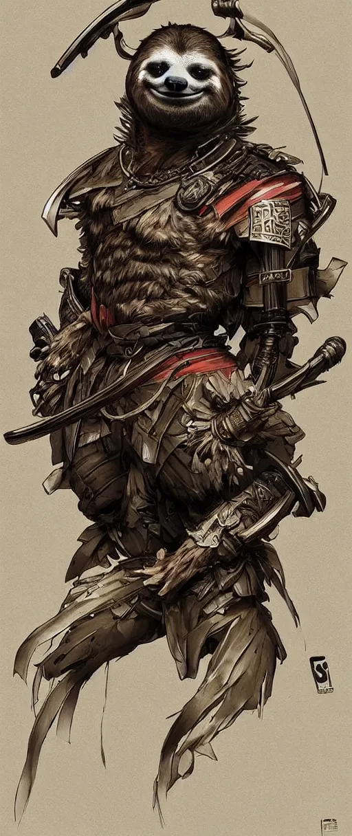 Image similar to graphic, hyperreal illustration of anthropomorphic sloth in traditional samurai armor : : digital art, concept art, character development : : illustrated by artgerm, yoji shinkawa, scott buoncristiano, nychos