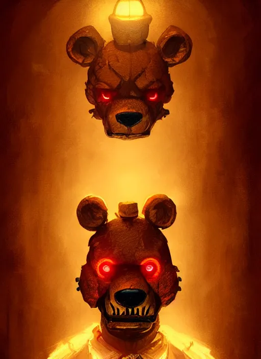 Image similar to portrait of freddy fazbear, intricate, elegant, glowing lights, highly detailed, digital painting, artstation, concept art, sharp focus, illustration, art by wlop, mars ravelo and greg rutkowski