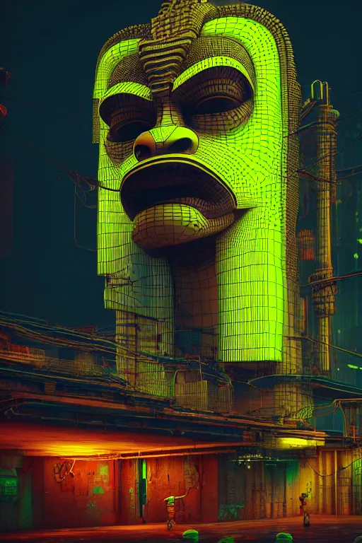 Image similar to high quality 3 d render hyperrealistic cyberpunk hanuman head building, neon yellow madhubani, highly detailed, in sci - fi mumbai, unreal engine cinematic smooth, liam wong, moody light, low angle, uhd 8 k, sharp focus