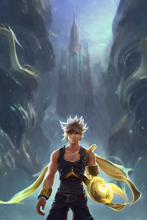 Image similar to fullbody portrait of a male fit hero with strange hairs, soft smile, final fantasy, league of legends champion, strong iridescent light, by chengwei pan and sakimichan, gradient white to gold, in front of a magical building background, highly detailed portrait, digital painting, smooth, focus illustration