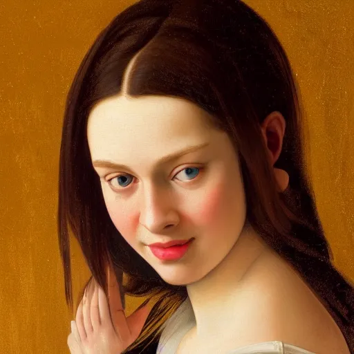 Image similar to full body portrait of a beautiful woman with blue eyes, gentle round face, with a bright smile, long dark hair, dark background, highly detailed, deep focus, elegant, digital painting, smooth, sharp focus, golden ratio, illustration, ultra realistic, 8 k, art by artemisia lomi gentileschi and caravaggio