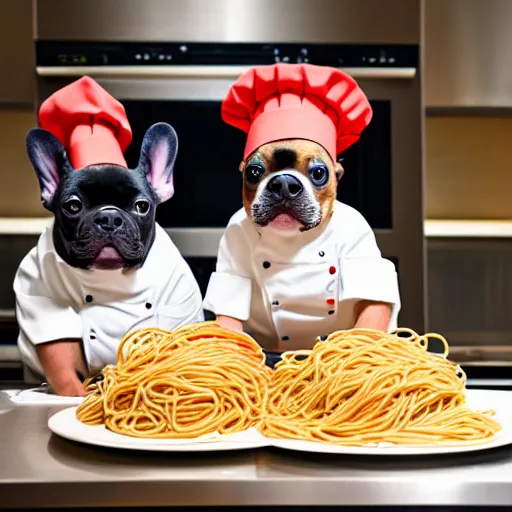 Image similar to a 8k highly detailed still photo by Anne Geddes of Two multi-colored French Bulldogs in chef hats and aprons starring on a cooking show, a plate of spaghetti is prepared, a high end restaurant kitchen in the background, bokeh