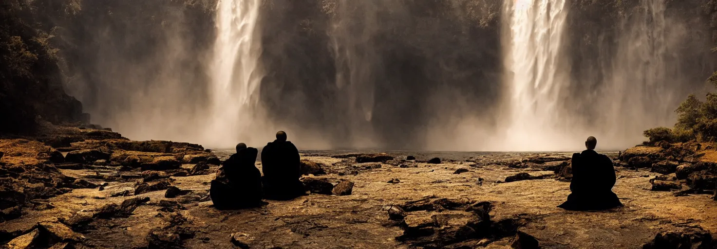 Image similar to dang ngo, annie leibovitz, steve mccurry, a simply breathtaking shot of mediating monk in black, giantic waterfall, golden hour, golden ratio, wide shot, symmetrical