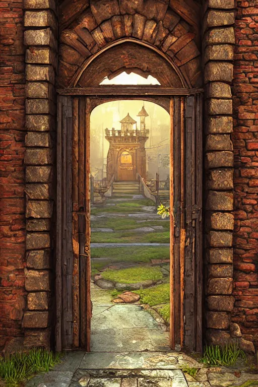 Image similar to professional digital art detailed old wood and rusted castle door entrance flowers with path outside cgsociety behance by Evgeny Lushpin