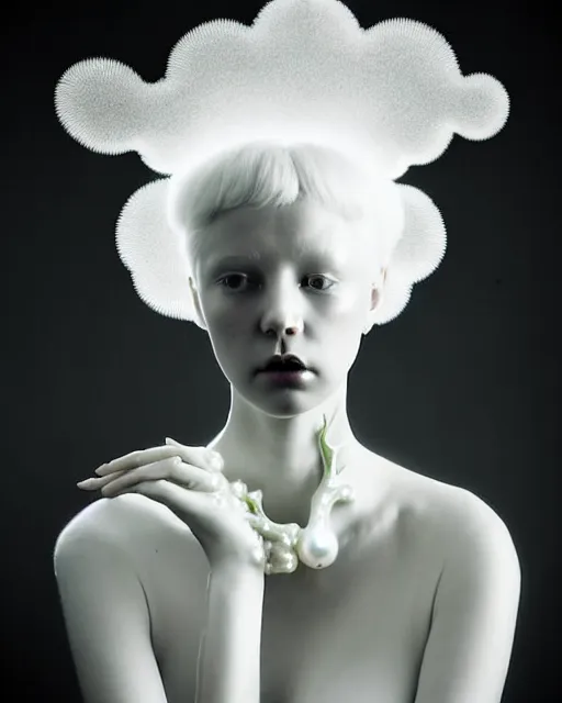 Image similar to dreamy foggy soft luminous bw art photo, beautiful young spiritual albino biomechanical female cyborg, mandelbrot fractal porcelain profile face, very long neck, halo, white smoke atmosphere, rim light, big leaves and stems, fine foliage lace, alexander mcqueen, art nouveau fashion pearl embroidered collar, steampunk, elegant