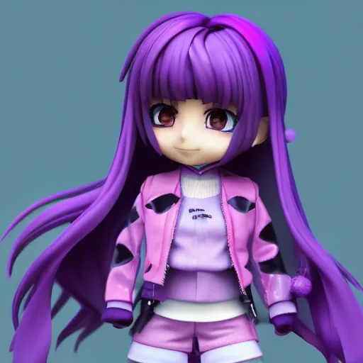 Image similar to portrait of a anime and chibi very cute doll with purple jacket design by antonio mello, nendoroid, kawaii, cyberpunk fashion, character modeling, toy design, substance 3 d painter, vray, soft vinyl, trending in artstation