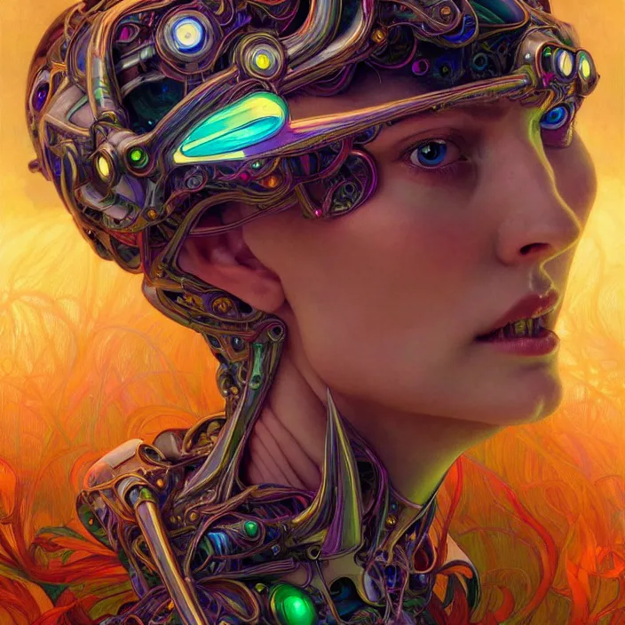 Image similar to bright psychedelic portrait of organic cyborg, wings, diffuse lighting, fantasy, intricate, elegant, highly detailed, lifelike, photorealistic, digital painting, artstation, illustration, concept art, smooth, sharp focus, art by John Collier and Albert Aublet and Krenz Cushart and Artem Demura and Alphonse Mucha