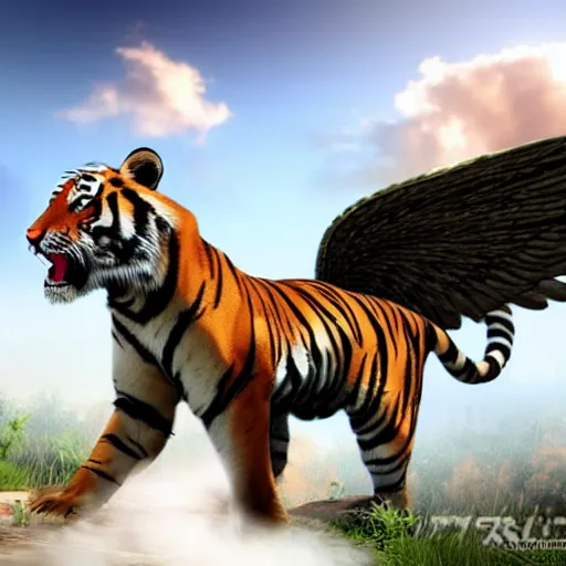 Prompt: A tiger with pegasus wings, 4k, ultra realistic, detailed