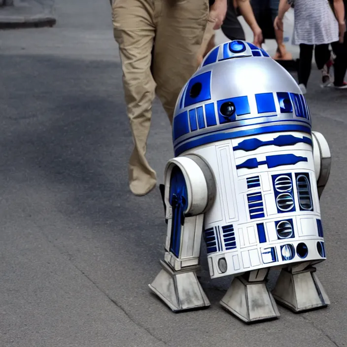 Image similar to r 2 d 2 walking around town with arms and legs