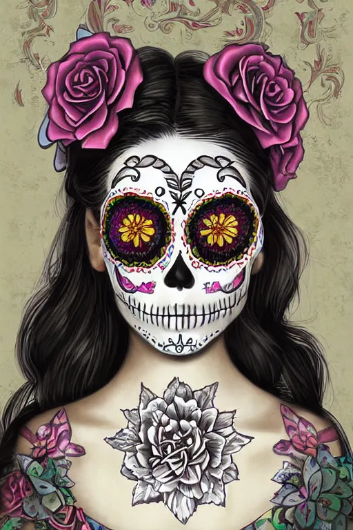 Image similar to illustration of a sugar skull day of the dead girl, art by lixin yin