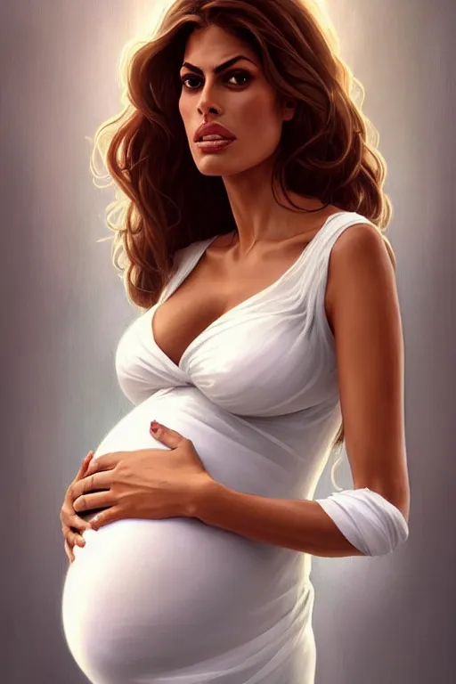 Image similar to pregnant eva mendes in a white dress, realistic portrait, symmetrical, highly detailed, digital painting, artstation, concept art, smooth, sharp focus, illustration, cinematic lighting, art by artgerm and greg rutkowski and alphonse mucha