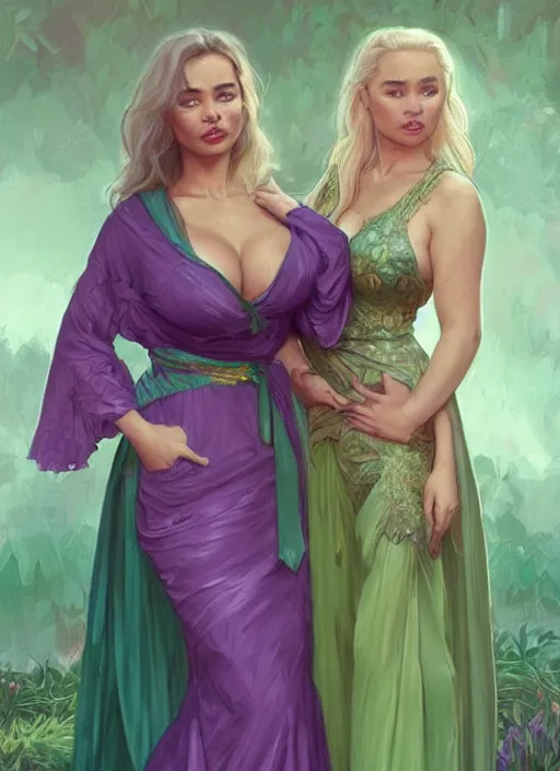 Prompt: lindsey pelas and emilia clarke wearing a green kebaya with purple sash, digital painting, artstation, concept art, sharp focus, illustration, art by artgerm and greg rutkowski and alphonse mucha