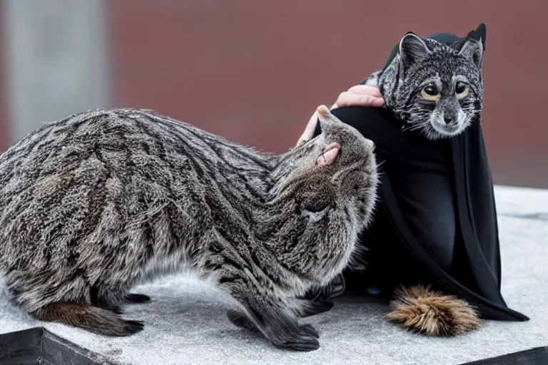 Image similar to Batman petting his Pallas cat on a rooftop, by Emmanuel Lubezki