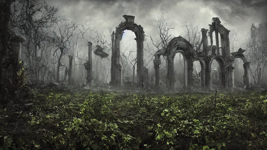 Prompt: an apocalyptic ruins, flowery, vines, foggy, eerie, scary, digital art