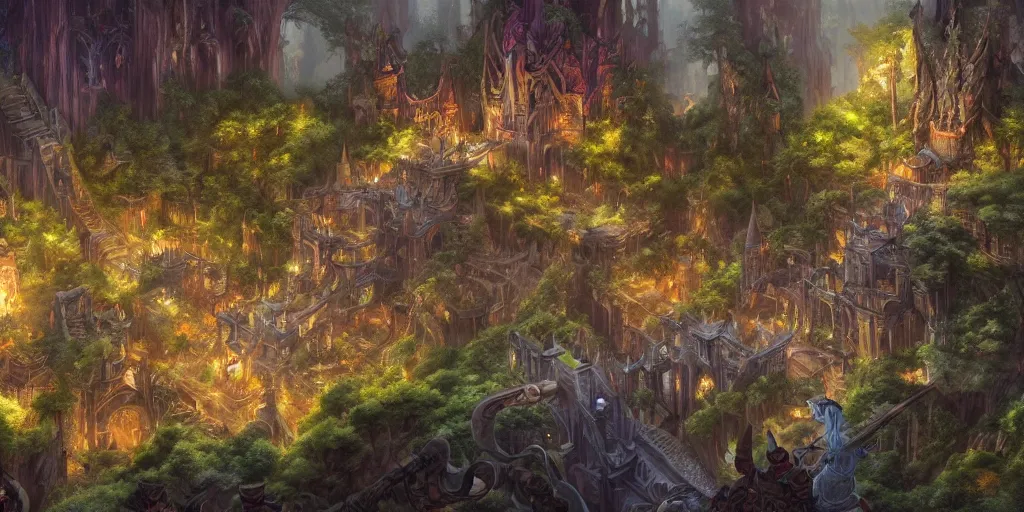 Image similar to An ancient elven city in a magical forest, high detail, many characters and creatures, cartoon style, D&D, world of warcraft, by Jimmy Wong and Greg Rutkowski, 4096x2160