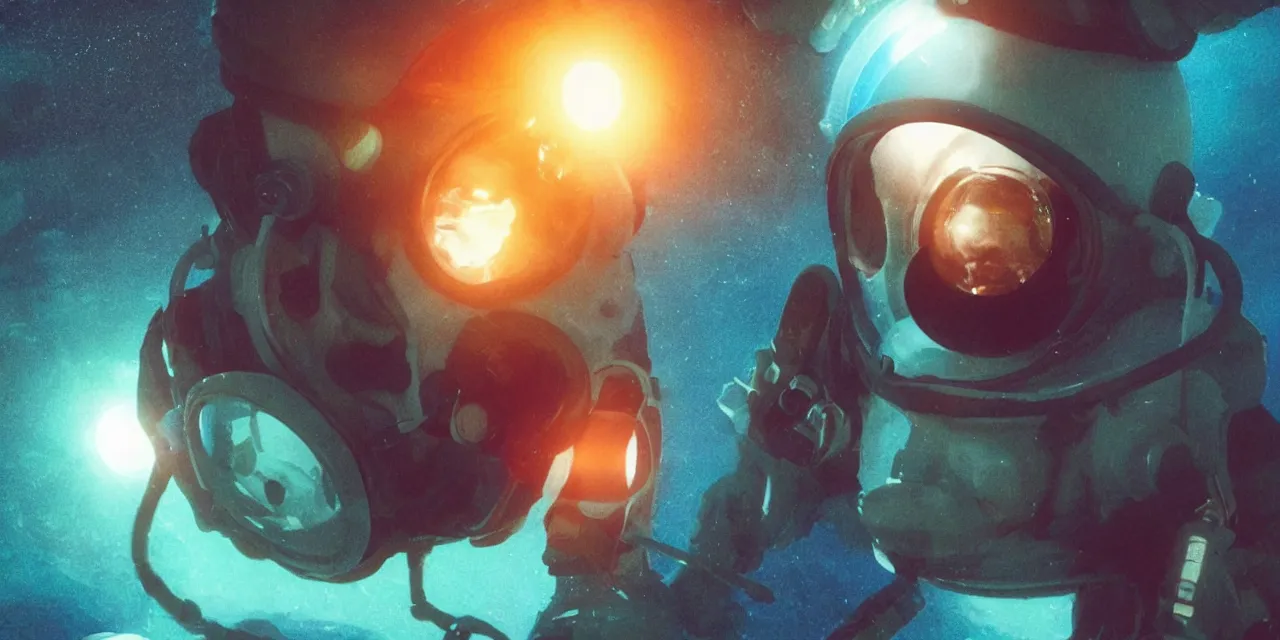 Image similar to Zoe Kravitz with short hair as a retro astronaut, helmet with led lights, alone underwater in the ocean at night, clear water, glowing bubbles, volumetric lighting, glowing lights, 4k, octane, unreal engine, digital painting, artstation, concept art, high contrast, high saturation , cinematic film still, sharp focus, illustration, art by Christopher Nolan and artgerm and greg rutkowski and alphonse mucha , wide angle view, full body