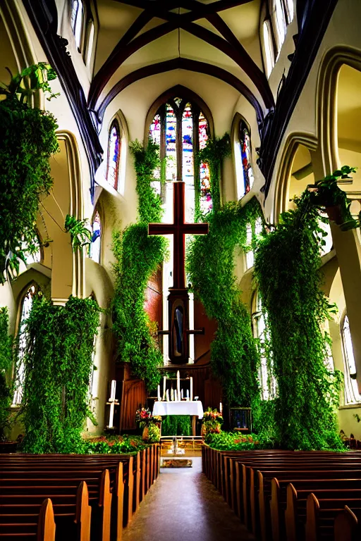 Prompt: photo inside a church overgrown by lush plants, ornate