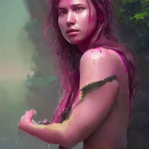 Image similar to an beautiful female survivor wearing a pink shirt, goddess, wet flowing hair, blurry backround, artstation, matte painting, made by greg rutkowski, concept art, epic portrait, 8 k, insanely detailed,