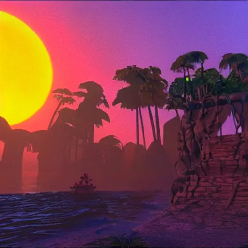 Prompt: still photo of a real sunset inside the first level of donkey kong country ( 1 9 9 4 ), in the movie hook, real life, photorealistic, soft focus, long exposure