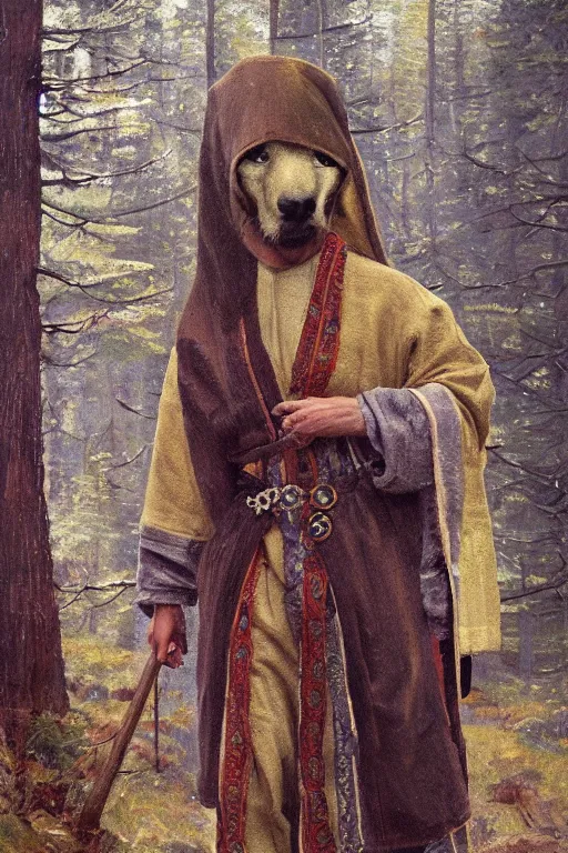 Image similar to slavic dog head man, woolen torso in medieval clothes, walking in the forest, orthodox, oil painting, concept art, hyperrealism, beautiful, high resolution, trending on artstation, by annie swynnerton and nicholas roerich, embroidered robes, elaborate costume,