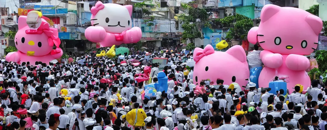 Prompt: giant hello kitty battle mechas attacking the Surabaya city, TV news, amateur photography