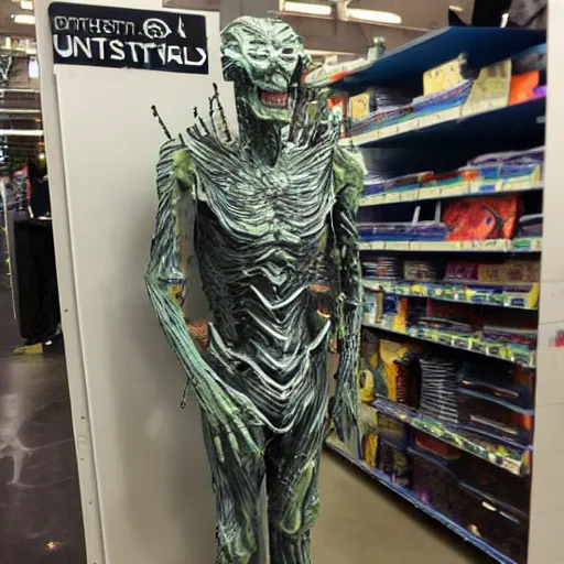 Prompt: Just one of many interdimensional visitors in the backroom of Bed Bath and Beyond.