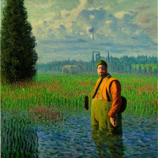 Image similar to a masterpiece oil on canvas painting by Simon Stålenhag and Claude Monet