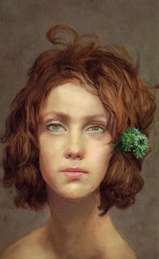 Image similar to portraiture!! of a woman! short brown hair! looking at us, flowers!!! in the hair, by thomas denenberg