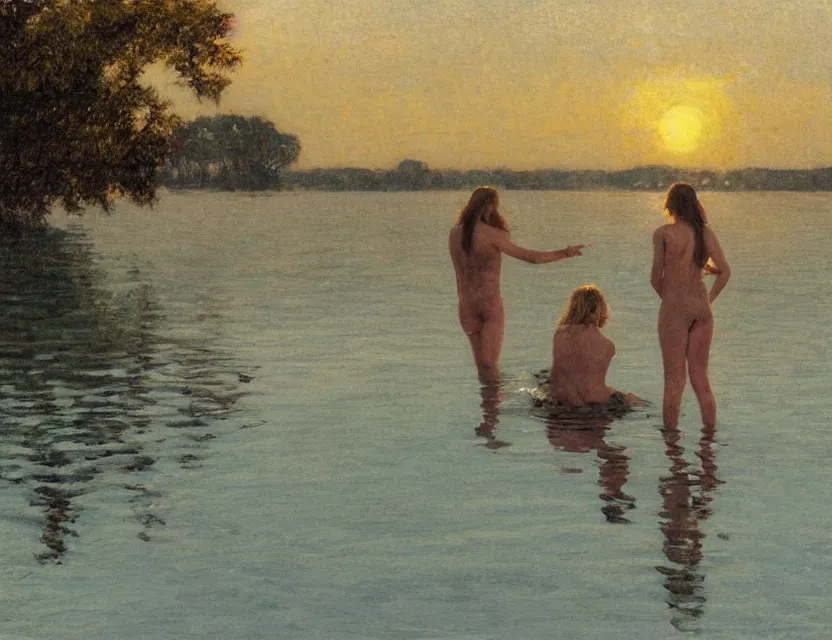 Image similar to Two woman swimming in the lake on a sunset, country style, Cottage core, Cinematic focus, Polaroid photo, vintage, neutral colors, soft lights, foggy, by Steve Hanks, by Serov Valentin, by Andrei Tarkovsky, by Terrence Malick, 8k render, detailed, oil on canvas, wide shot