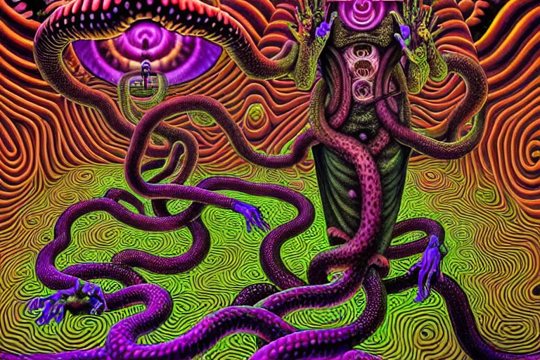 Image similar to a detailed digital art painting of a cell shaded cyberpunk ornate magick oni demon with occult futuristic effigy of a beautiful field of mushrooms that is a adorable ferret atomic latent snakes in between lizard biomorphic molecular psychedelic hallucinations in the style of escher, alex grey, stephen gammell inspired by realism, symbolism, magical realism and dark fantasy, crisp