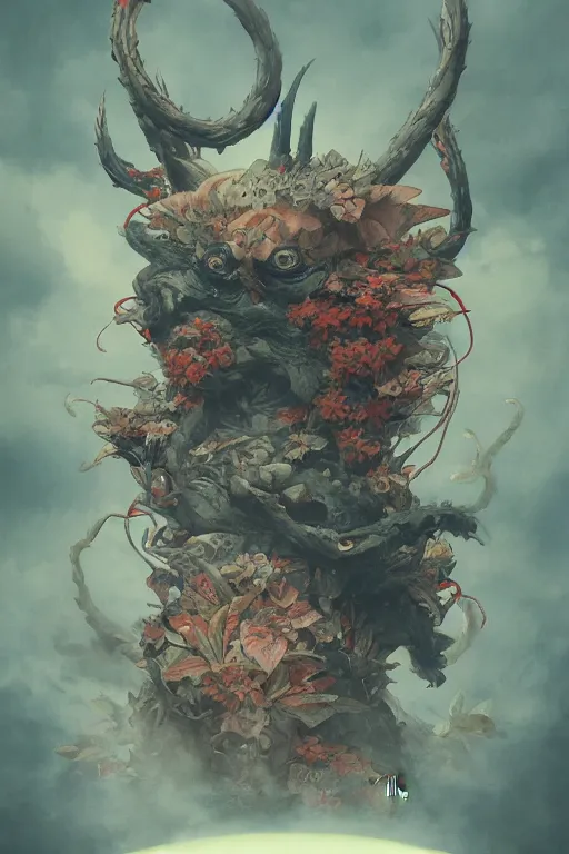 Image similar to a japanese devil animal illustrated by miyazaki by karol bak, james jean, tom bagshaw, rococo, sharp focus, trending on artstation, cinematic lighting, hyper realism, octane render, 8 k, hyper detailed, vivid, ultra detailed, highly detailed