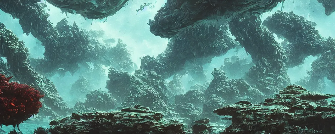 Image similar to ” underwater alien landscape, [ organic, liquid, cinematic, detailed, epic, widescreen, opening, establishing, mattepainting, photorealistic, realistic textures, octane render, art by slop and paul lehr ] ”