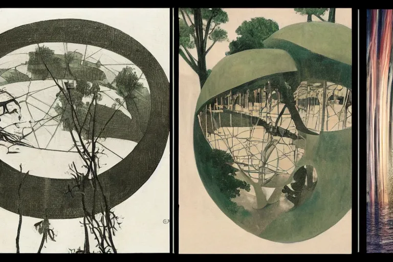 Image similar to spherical tree houses in flooded street ( ( ( ( painting by aaron douglas ) ) ) ) painting by h. r. giger painting by alvar aalto