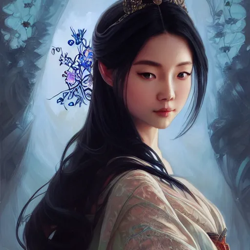 Image similar to 'elegant Chinese princess, D&D, blue eyes, black hair, fantasy, intricate, elegant, highly detailed, digital painting, artstation, concept art, smooth, sharp focus, illustration, art by artgerm and greg rutkowski and alphonse mucha'