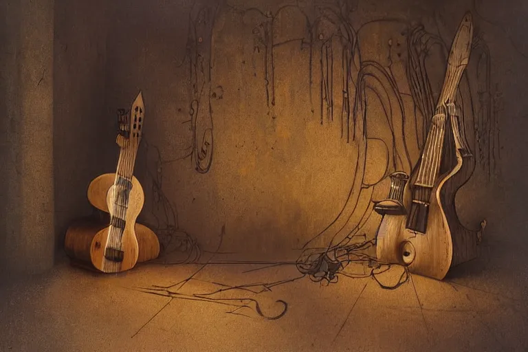 Prompt: still life of a cursed carved wooden lute with ebony inlay and strings of pain, oud, guitar designed by brian froud and hr giger leans against the wall alone, abandoned. an empty brutalist chamber, lonely, somber, a thin wisp of smoke rises from the lute. late afternoon lighting cinematic fantasy painting by jessica rossier