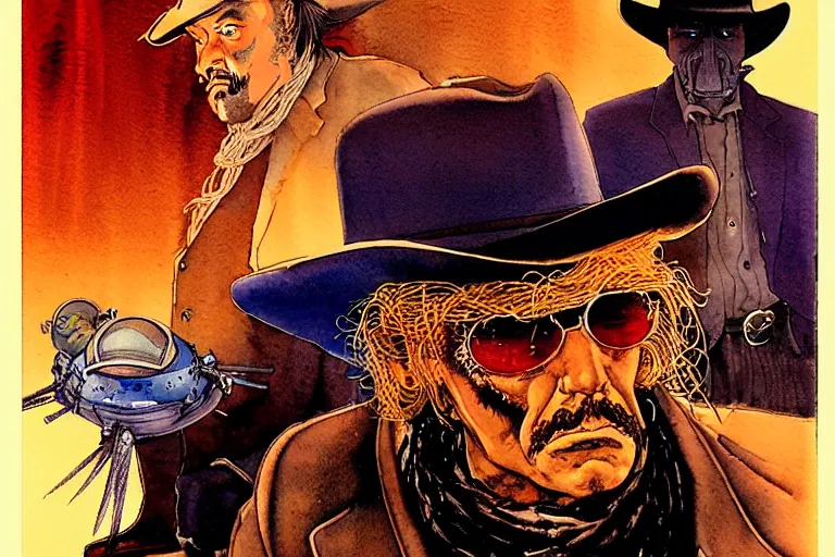 Image similar to a hyperrealist watercolour character concept art portrait of a spaghetti western film poster, well lit night in las vegas, nevada. there is a ufo. a robot bird. by rebecca guay, michael kaluta, charles vess and jean moebius giraud