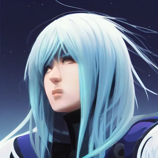 Image similar to profile shot of rimuru tempest averting his gaze, sky blue hair, straight hair, pretty, long bangs, amber eyes, all black jacket with white stripes, high collar | highly detailed, unreal engine 5, color block, digital painting, concept art, cinematic, wlop | artgerm, pixiv, greg rutkowski, ilya kuvshinov