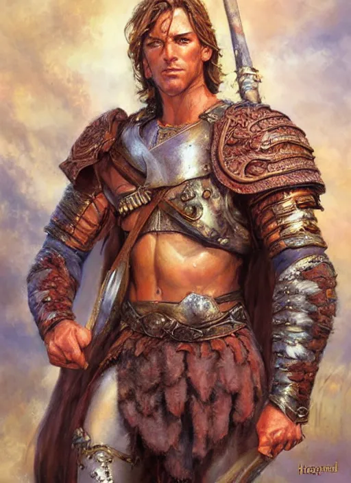 Image similar to a realistic fantasy portrait painting of a male warrior, ultra detailed, art by ralph horsley, swanland, sabbas