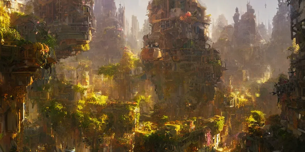 Image similar to a breathtaking fantasy solarpunk city, illustration by tiago sousa and greg rutkowski, bright sunlight, vivid and colorful trees and plants and flowers hanging from buildings, smooth digital concept art, 4 k, trending on artstation