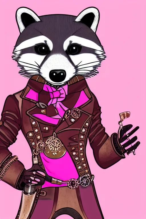 Prompt: steampunk racoon, 4k digital Illustration, pink background