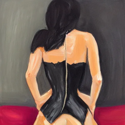 Image similar to a messy painting of a black dress being unzipped from behind