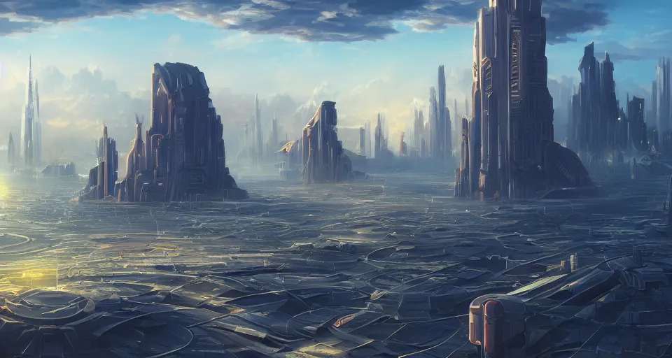 Prompt: view on futuristic city in the horizon, illustration by noah bradley, detailed, sharp, 8 k