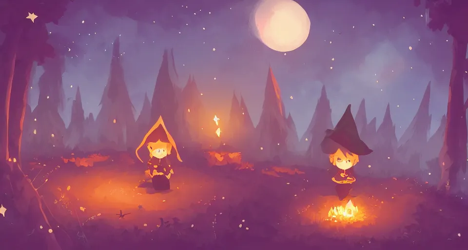 Image similar to Illustration of a small cute witch sitting by cozy bonfire in the forest meadow under starry sky and shooting star, digital pixel art, pixiv by Aenami